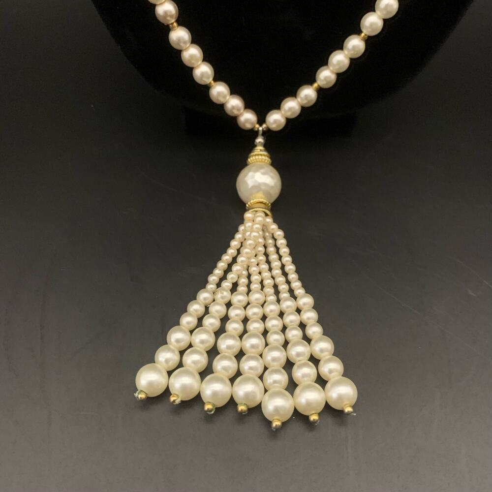 Vintage Faux Pearl Chandelier Statement Necklace - Picture 2 of 16